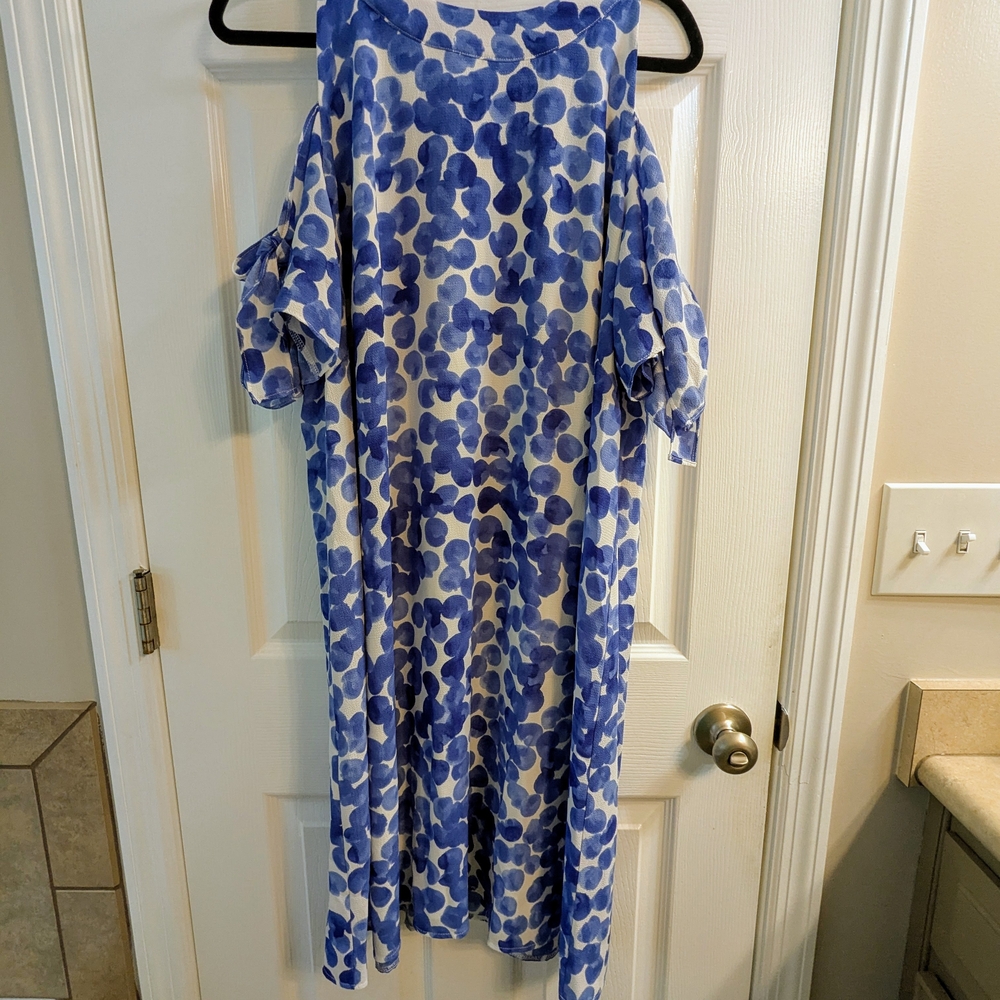 London Times Woman Blue and White Polka Dot Cold Shoulder Dress